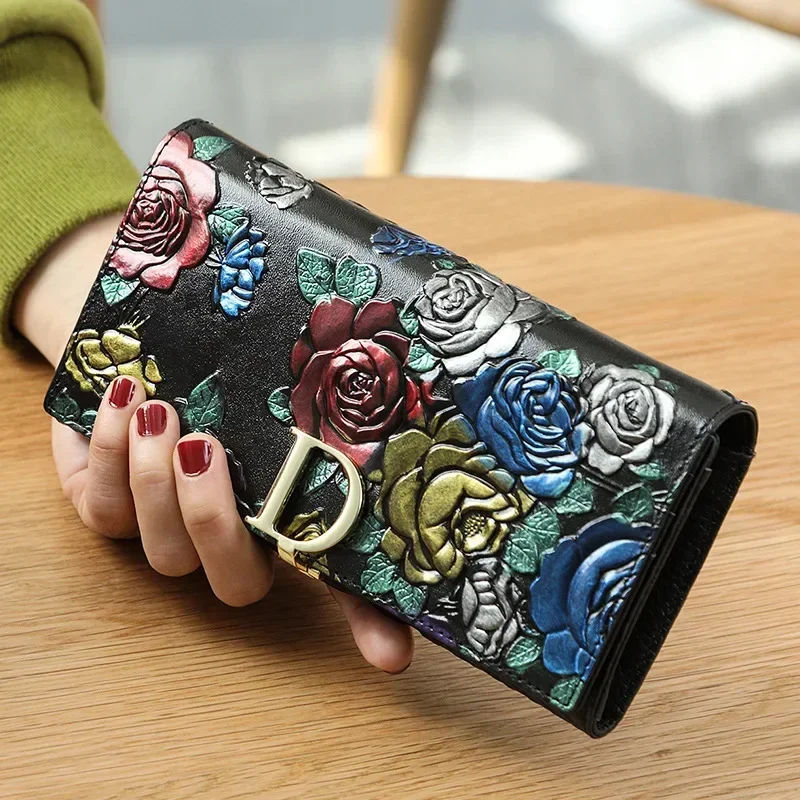 Genuine Leather Purse Wallet Female 3d Embossing Ladies Personality Retro Long Clutch Wallet Women Purse Coin Holders