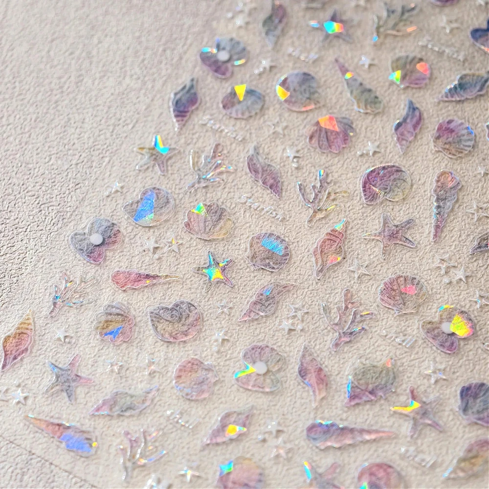 

Sparkling Shell Conch Starfish Coral Sea 3D Nail Art Stickers Summer Ocean Polarized Illusion Gold Stamped Jelly Manicure Decals