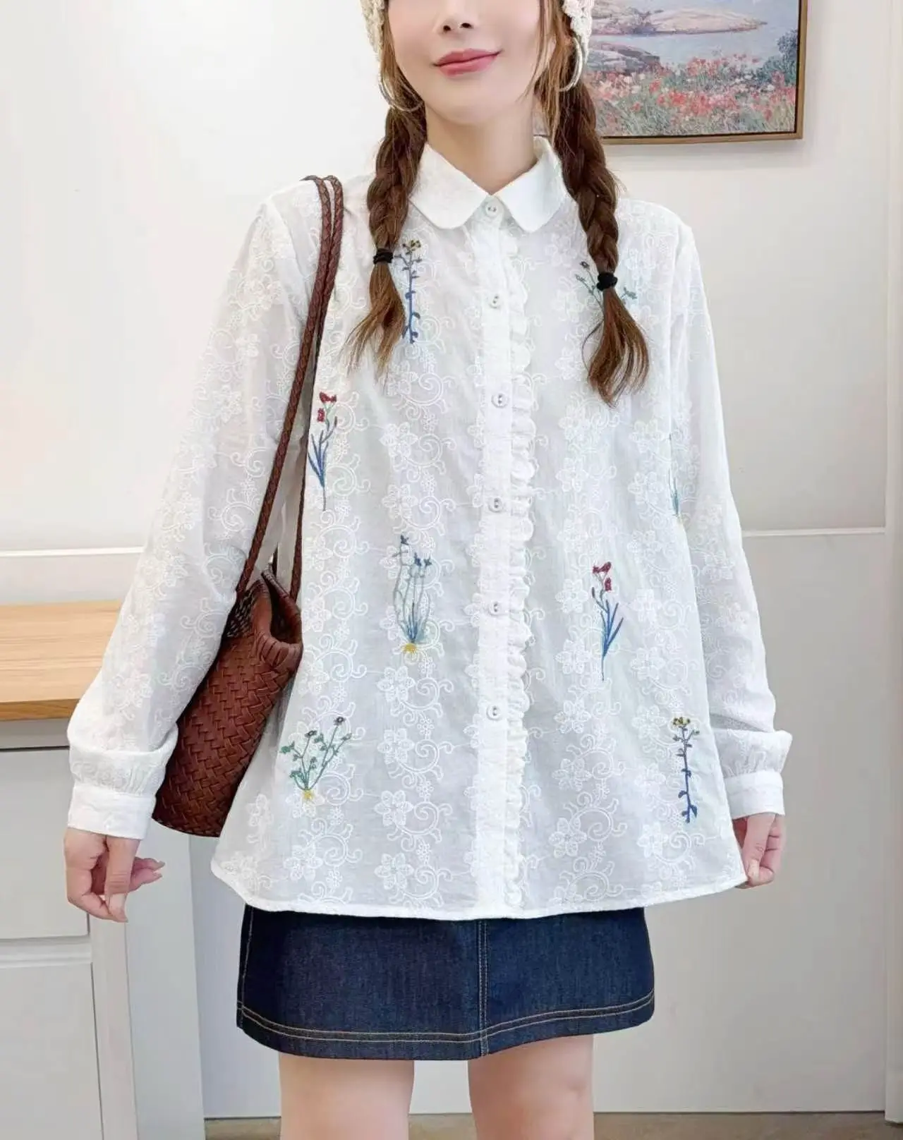 New 2026 Autumn Women Cotton Long Sleeve Shirt, Lapel Ruffles Embroidery, Mori Girl Sweet OL Prairie Chic Loose Blouse T68223CC