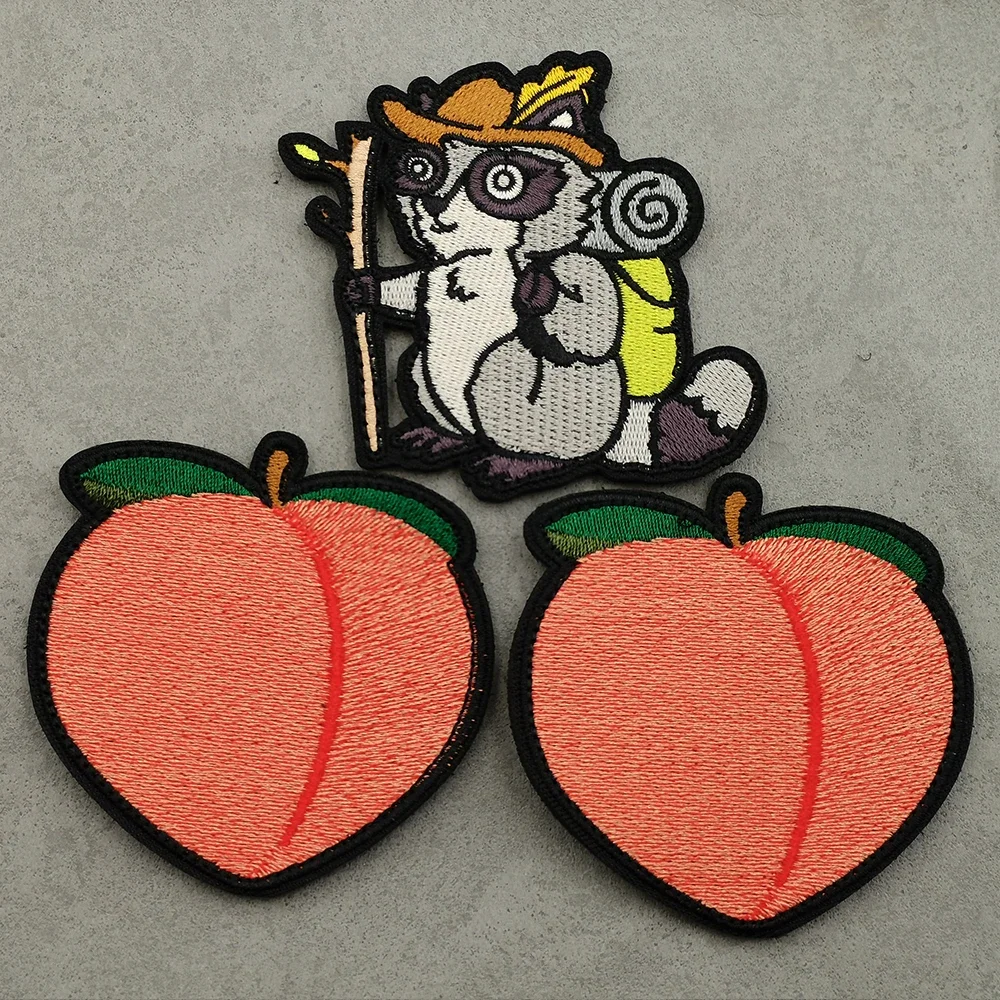 Embroidery Hiking Mountain Raccoon Fruit Animal Peach Sew-on Cartoon Raccoon And Peach Patch For Tactical Bag Hat Sticker Shirt