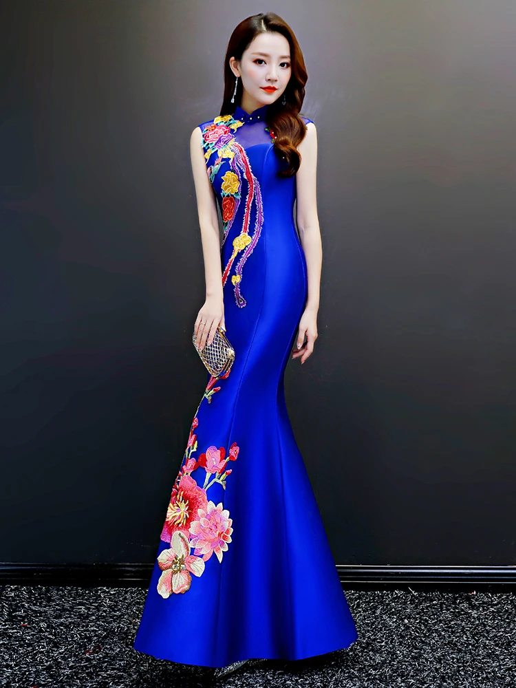

Ele Long Evening Gown in Blue Sle Wind Faion ow Performance Costume Slimming Tailor Made for up Model ow