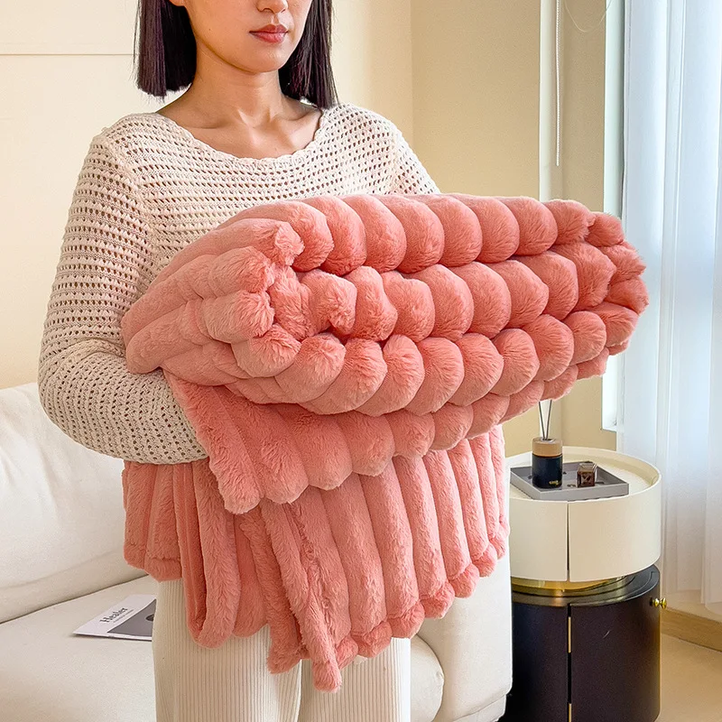Light luxury Solid Color Multifunctional Rabbit Velvet Blanket Winter Thick Warm Flannel Used For Bedroom Living Room Blanket