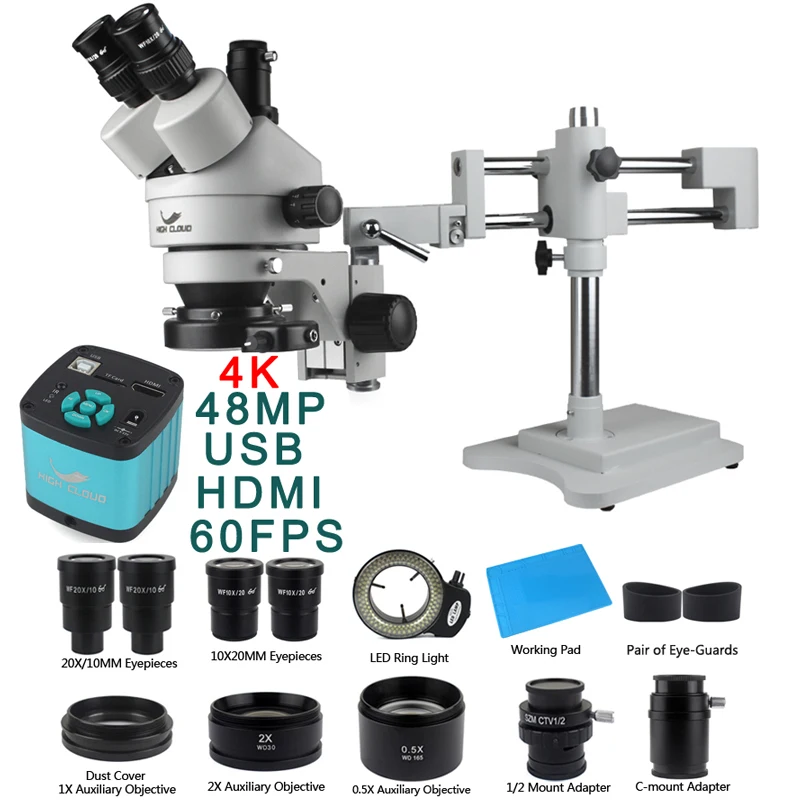 4K 2K HDMI USB Digital Microscope Camera 3.5X-90X Double Boom Zoom Simul Focal Trinocular Stereo Microscope Phone Repair Tools