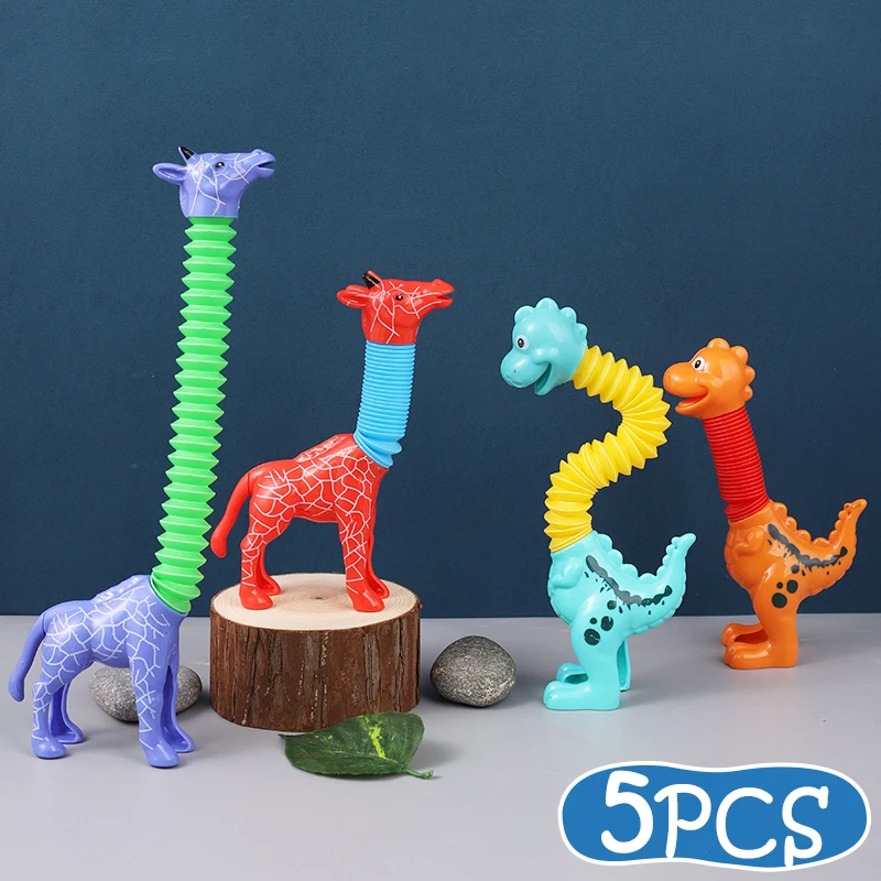 

5PCS Funny Cartoon Giraffe Telescopic Tube Toy Children's Educational Stretch Spot Dinosaur Toy DIY Telescopic Decompression Toy