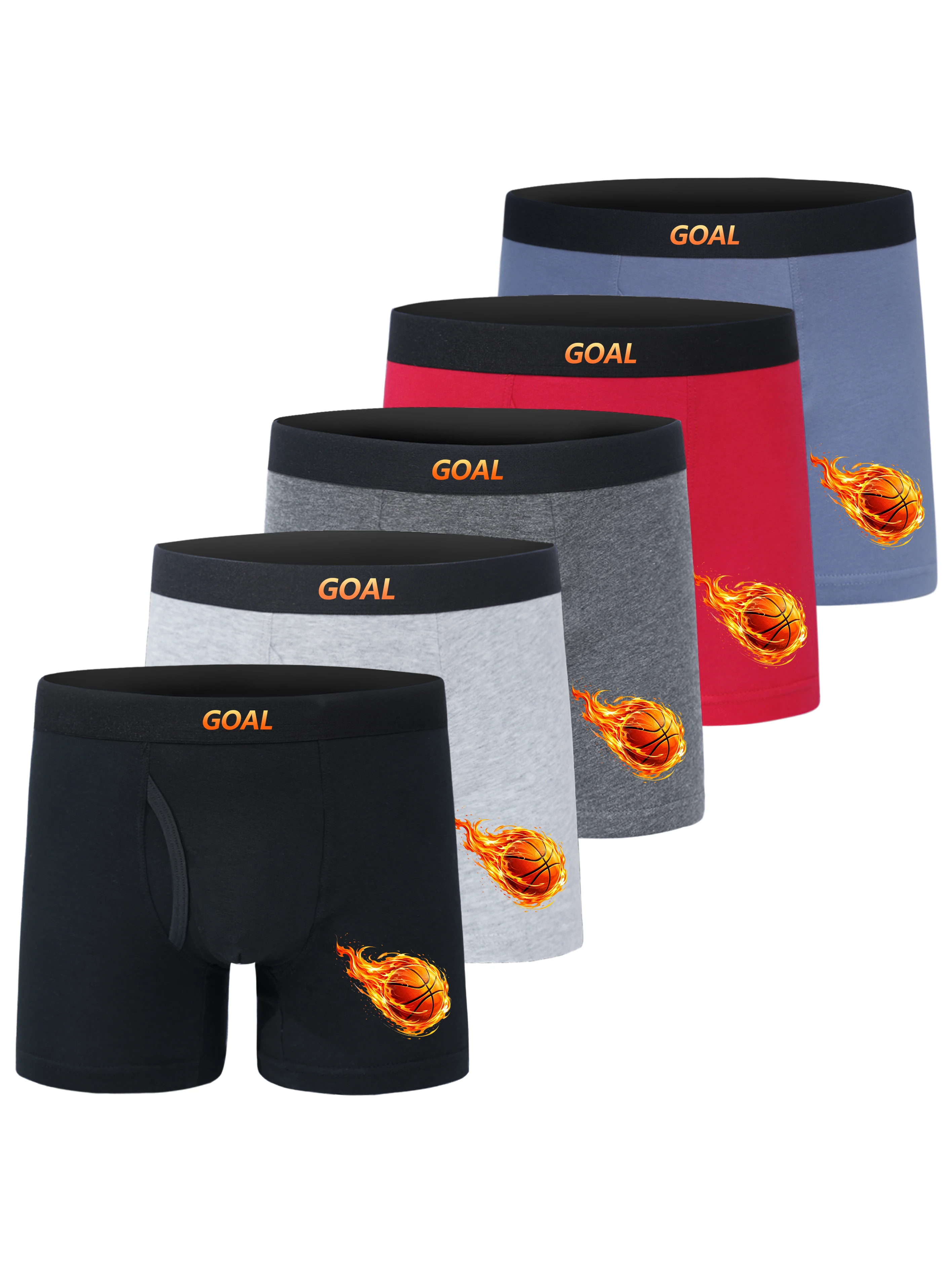 5 Pack 95% Cotton 5% Elastane Boys Open Fly Boxer Briefs GOAL Fire Basketball Print Kids Soft Underwear For Boys