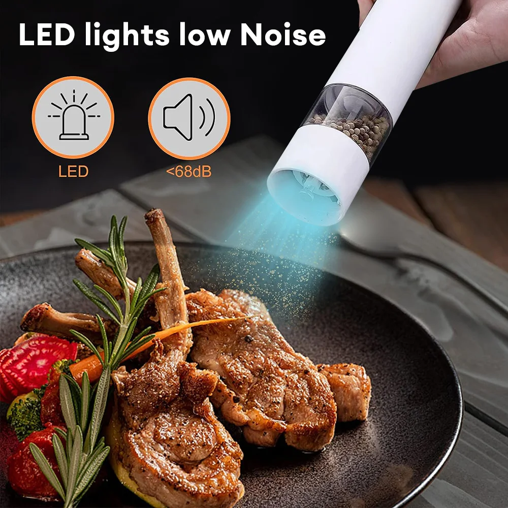 Electric Pepper Grinder with LED Light Hand Press Spice Mill Adjustable Coarseness Kitchen Salt Ginder for Cooking BBQ Picnic