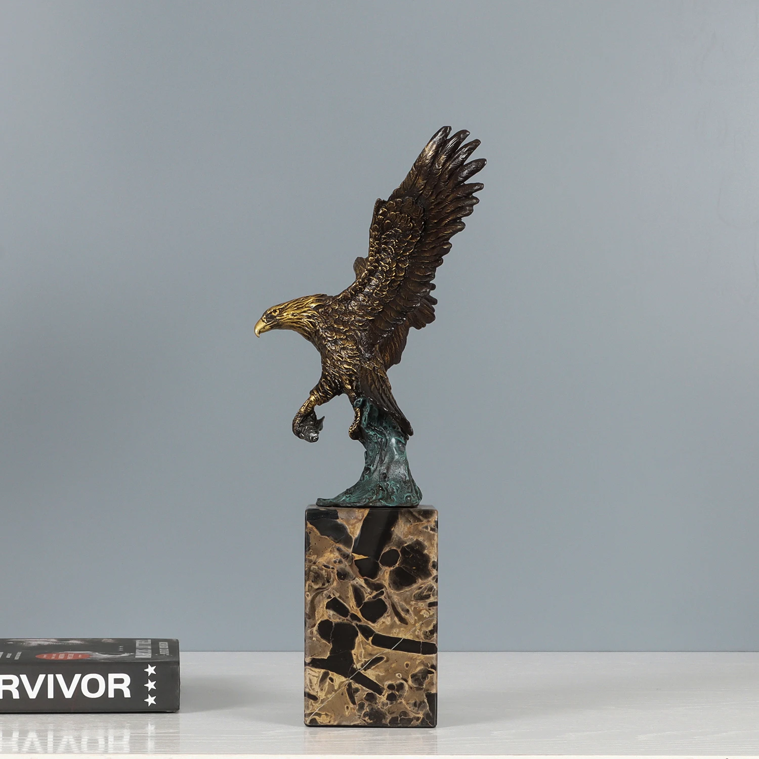 35CM High Bronze Bald Eagle Hunting Fish Statue Sculpture Hot Falcon Art Upscale Office Home Decoration view 3