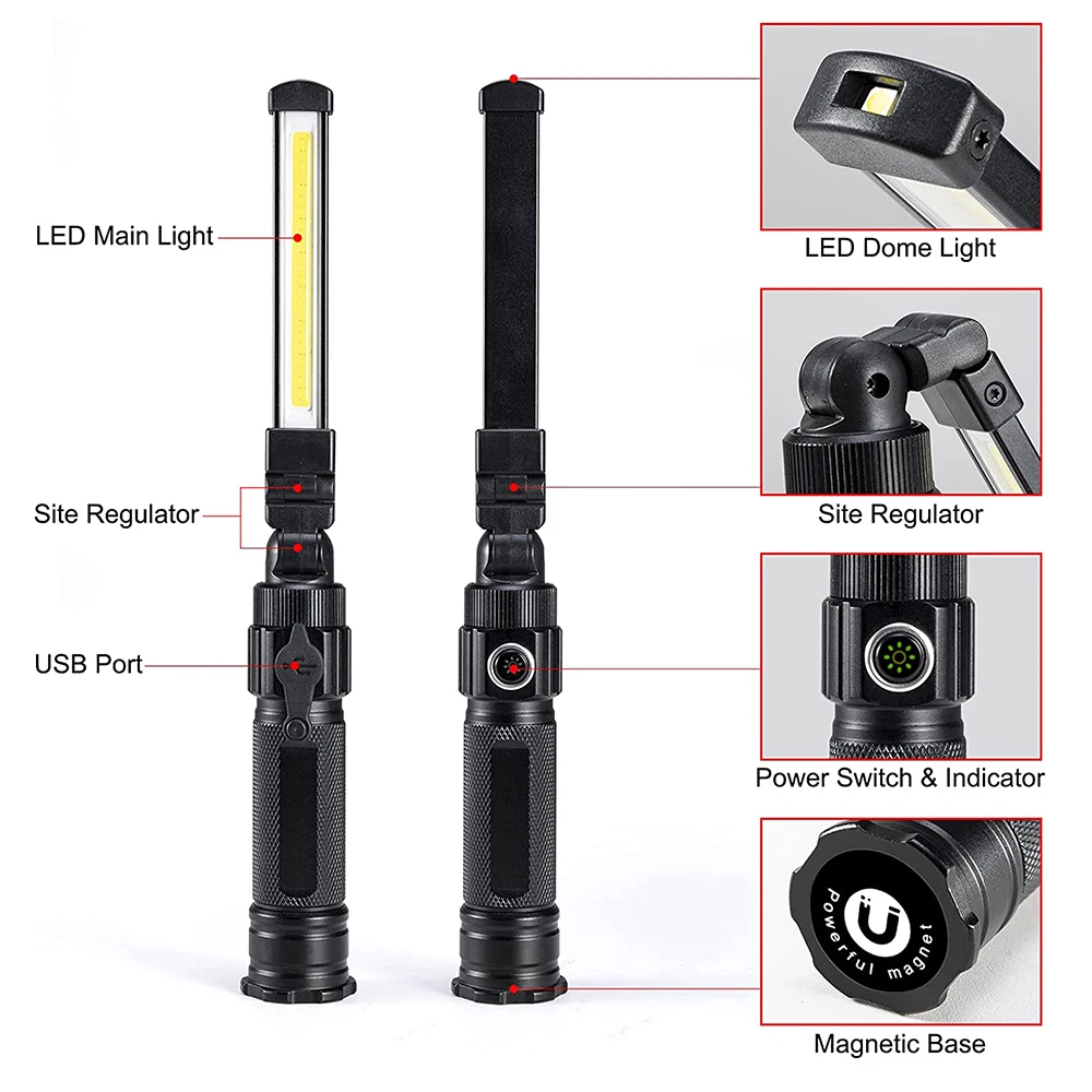 Rechargeable Foldable Work Light Ultra Bright LED Flashlight With Red Light 360° Rotate Magnetic LED Work Lamp For Car Repair