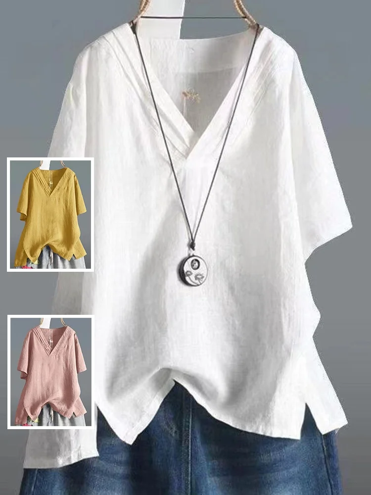 

Breathable Thin Cotton Linen ort Sve V-Ne T-irt Large Size Women's Faion Casual Loose Fit Summer Top