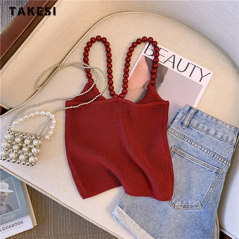 Women Hotsweet Solid Color Sleeveless Knitting Sexy Tanks Top 2023 Summer Korean Y2k Slim Fit Beading Crop Top Female Vest