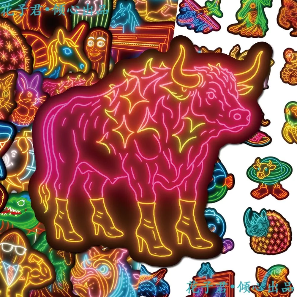 50/100pcs Neon AI Abstract Brainrot Abstract Cartoon Stickers Tung Tung Tung Sahur Funny Animal Graffiti Decals DIY Sticker