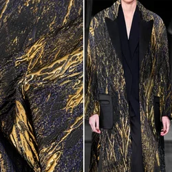 Blue Gold Three-dimensional Vein Gilded Jacquard Woven Satin with Shiny Heavy Texture and Pleated Silhouette Clothing Fabric