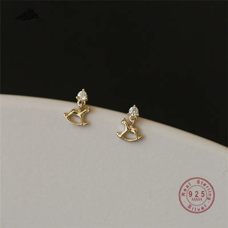 HI MAN 925 Sterling Silver Korean Zircon Trojan Playful and Cute Stud Earrings for Women Small and Exquisite Student Jewelry