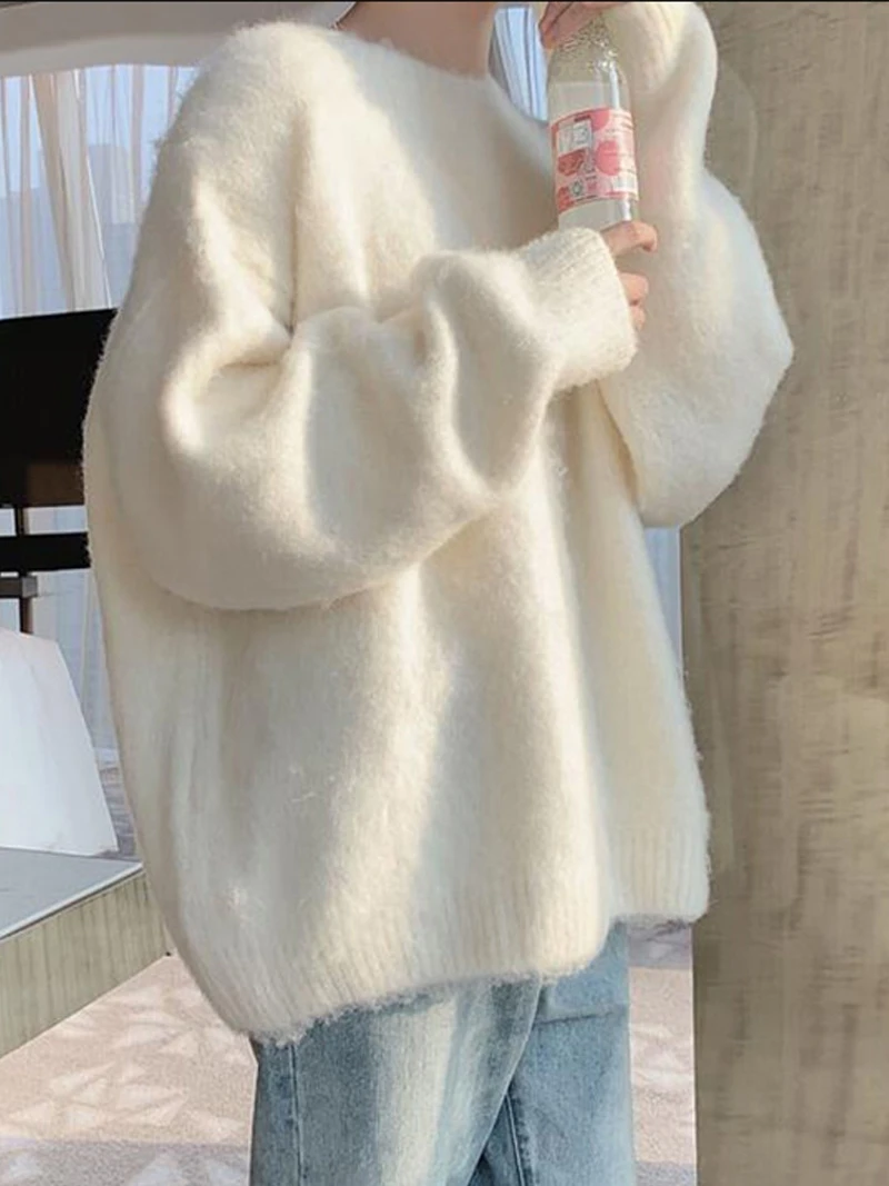 

Женский вязаный свитер Thiened Lazy Sle, весенне-осенний топ, японский ретро, свободный крой, белый свитер, теплый Emi...