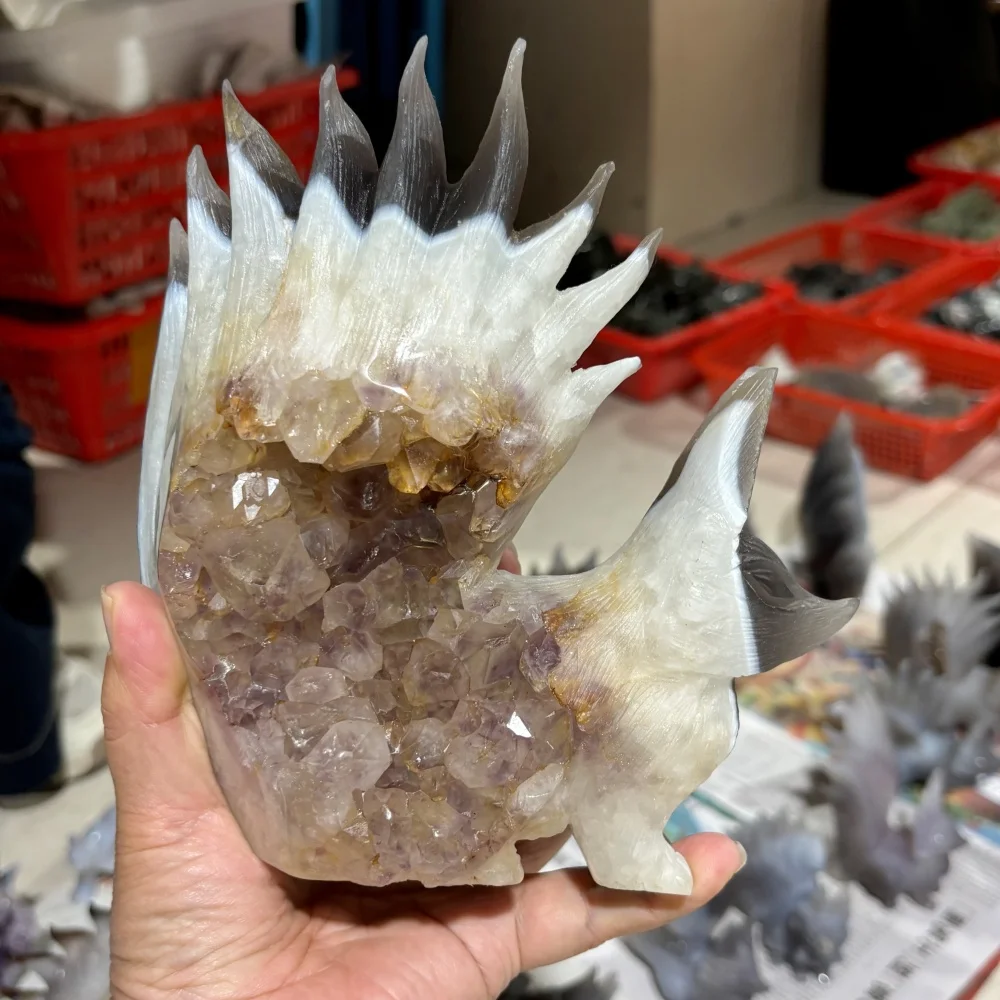 Natural Agate Amethyst Druzy Nine Tailed Fox Hand Carved Crystal Figurine Reiki Healing Home Decor Gift