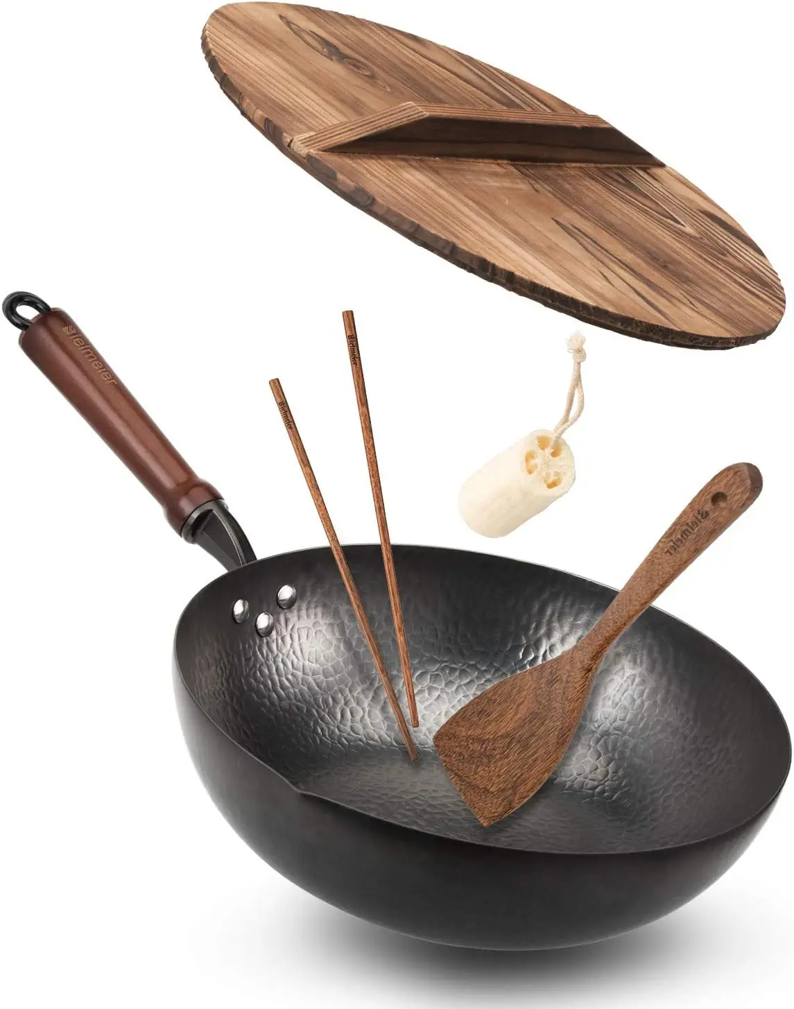

Wok Pan 12.5", Woks and Stir Fry Pans with lid, Carbon Steel Wok with Cookware Accessories, Flat Bottom Suits for all