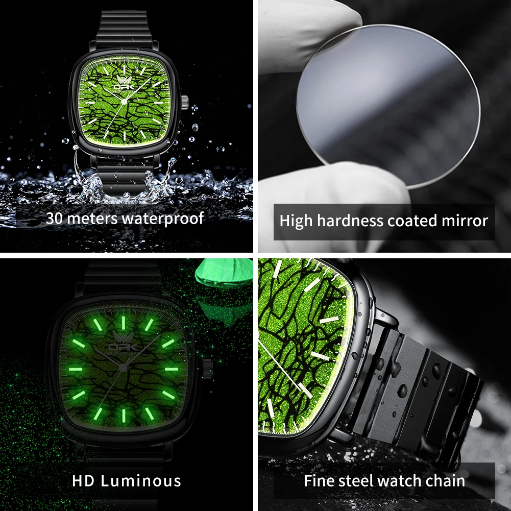OPK 브랜드 야광 방수 레트로 사각 스틸 밴드 남성용 쿼츠 시계 8143
