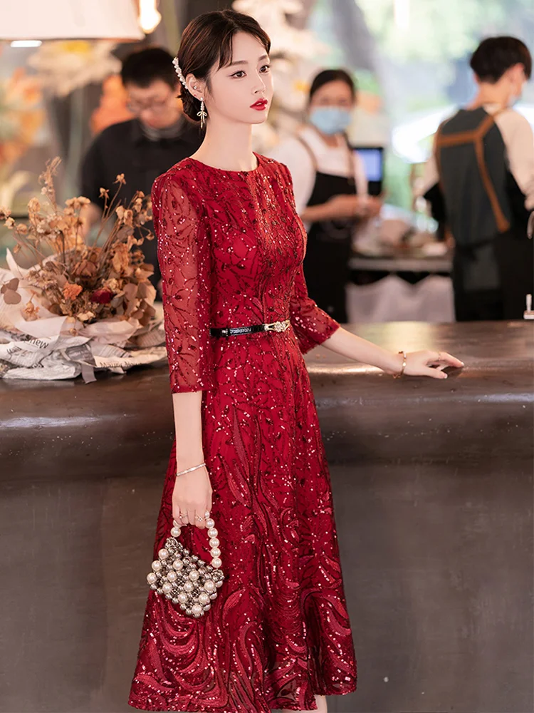 

Ele Young Mother Wedding Dr Sparkling Sequins High Ne Slim Fit mid Waist Zipper Sle Korean Sle Red Wedding Dr