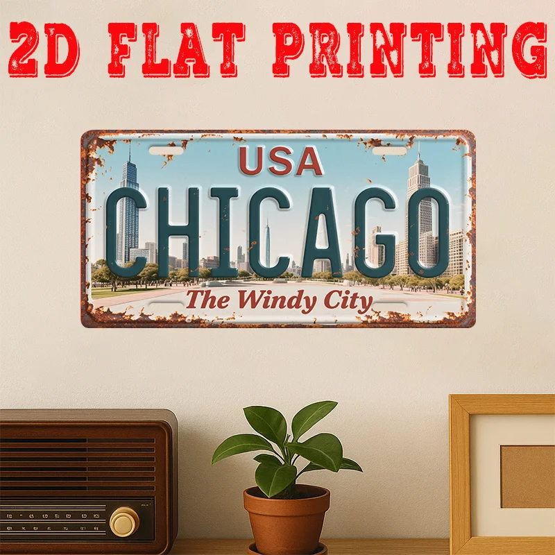 HD Aluminum Metal Sign, Chicago USA The Windy City Vintage License Plate Style Wall Decor, Retro Skyscraper Cityscape Design Tin