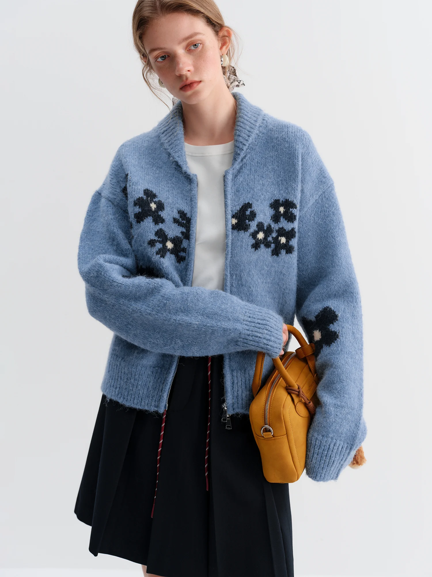 ​ FSLE 2025 Suéter de punto de ganchillo con bloques de color estilo retro perezoso para mujer de invierno - Cárdigan frontal abierto azul para comodidad informal ​