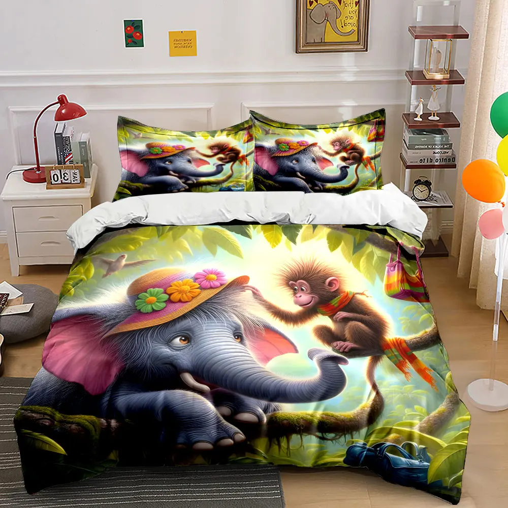 Cute animals interacting on tree Printed Duvet Cover Set1 Duvet Cover+2 PillowcaseMulti Size Bedroom Bedding Decor Luxury gifts
