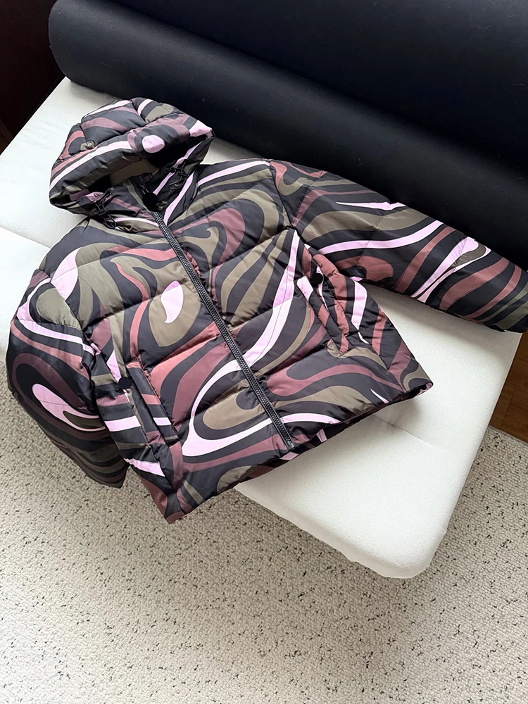 Winter Fashion Outdoors Casual Vintage Pattern Print Warm Down Jacket Women's Hooded Long Sleeve Pockets Straight Barrel Coat