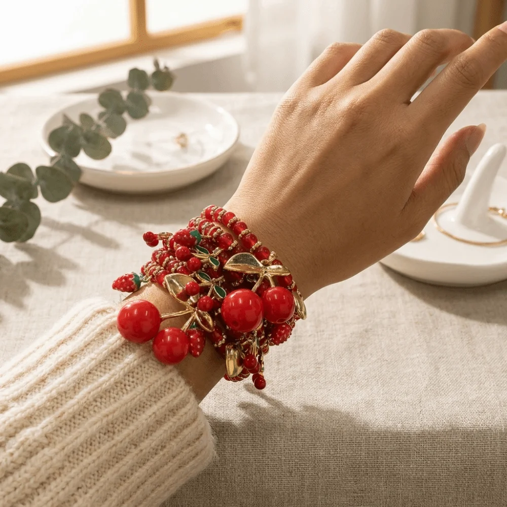 New Beaded Stackable Bracelet Set Fruit Strawberry Red Cherry Hand Chain Lightweight Heart Hand Jewelry Women