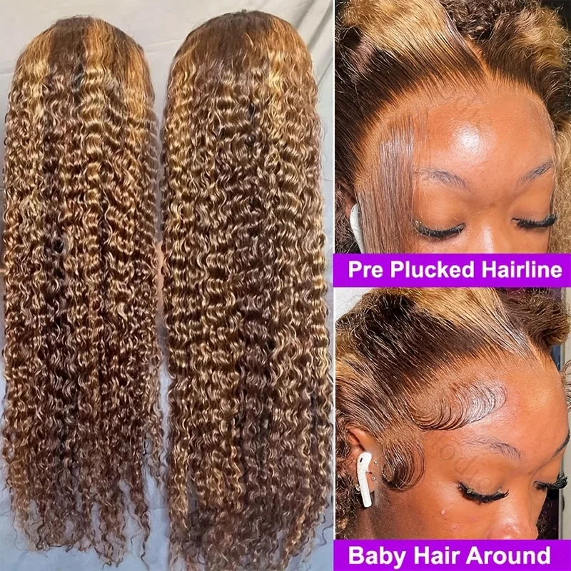 4/ 27 Highlight Honey Brown Curly Transparent HD 13x4 Lace Frontal Real Human Hair Wigs Ombre Color Deep Water Wave Full Wigs