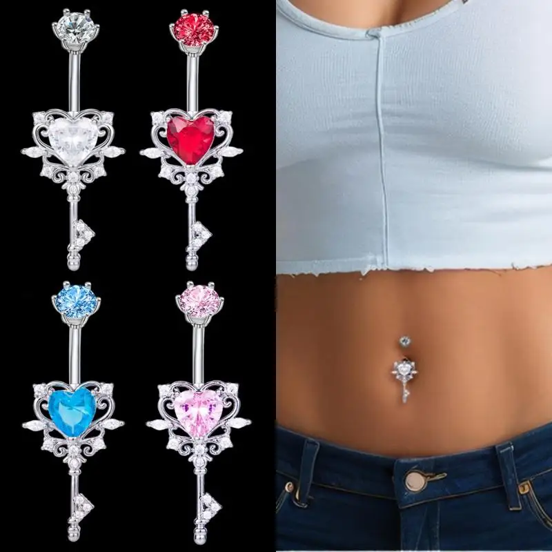 Anneau de nombril en forme de cœur en zircon pour fête sur la plage ; Bijoux de corps brillants pour femmes ; Cadeau parfait pour les ventre percés