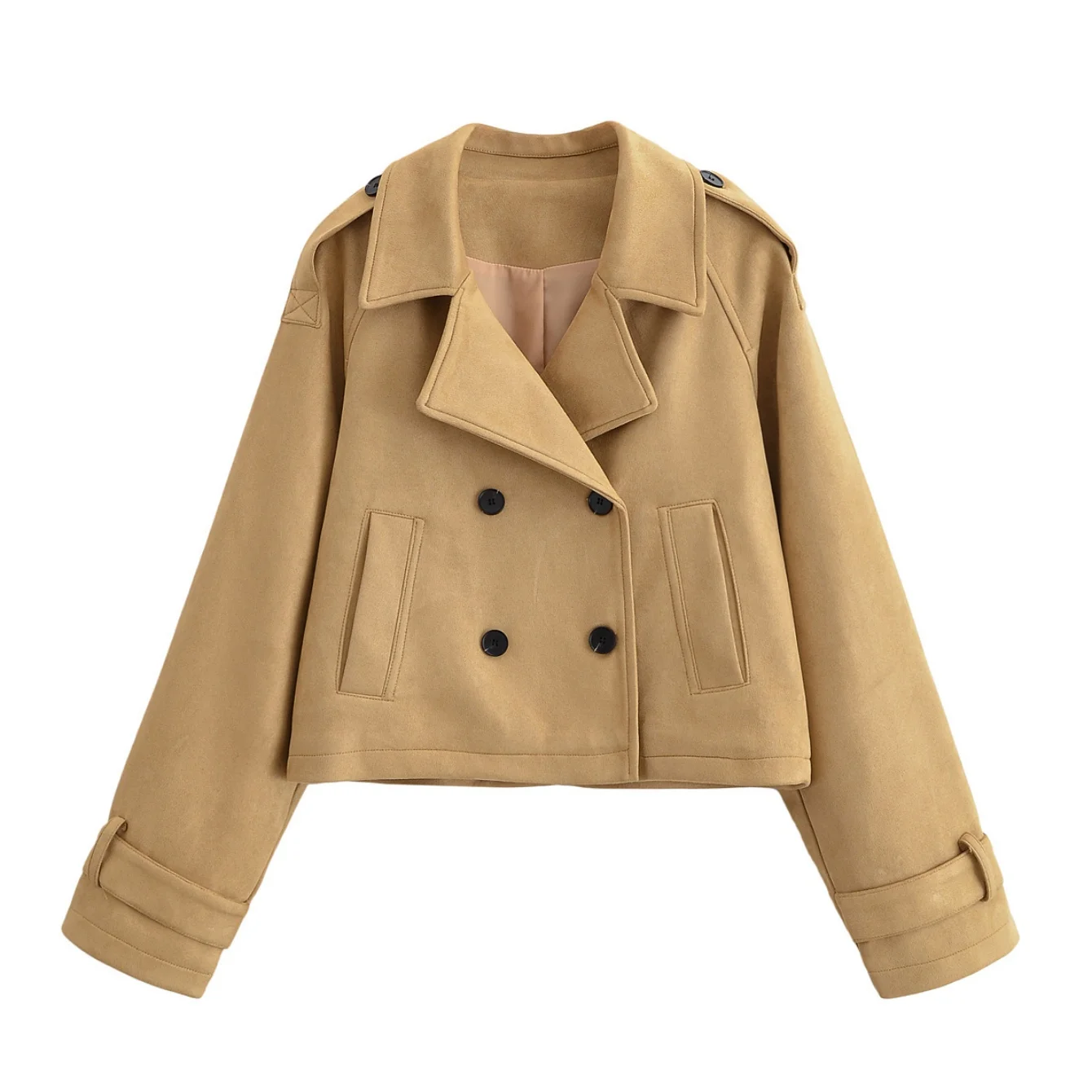 

Women's Khaki Short Jacket Coat Autumn Winter Long Sleeve Lapel Double-Breasted Casual Fashion Versatile Trench Coat Streetwear