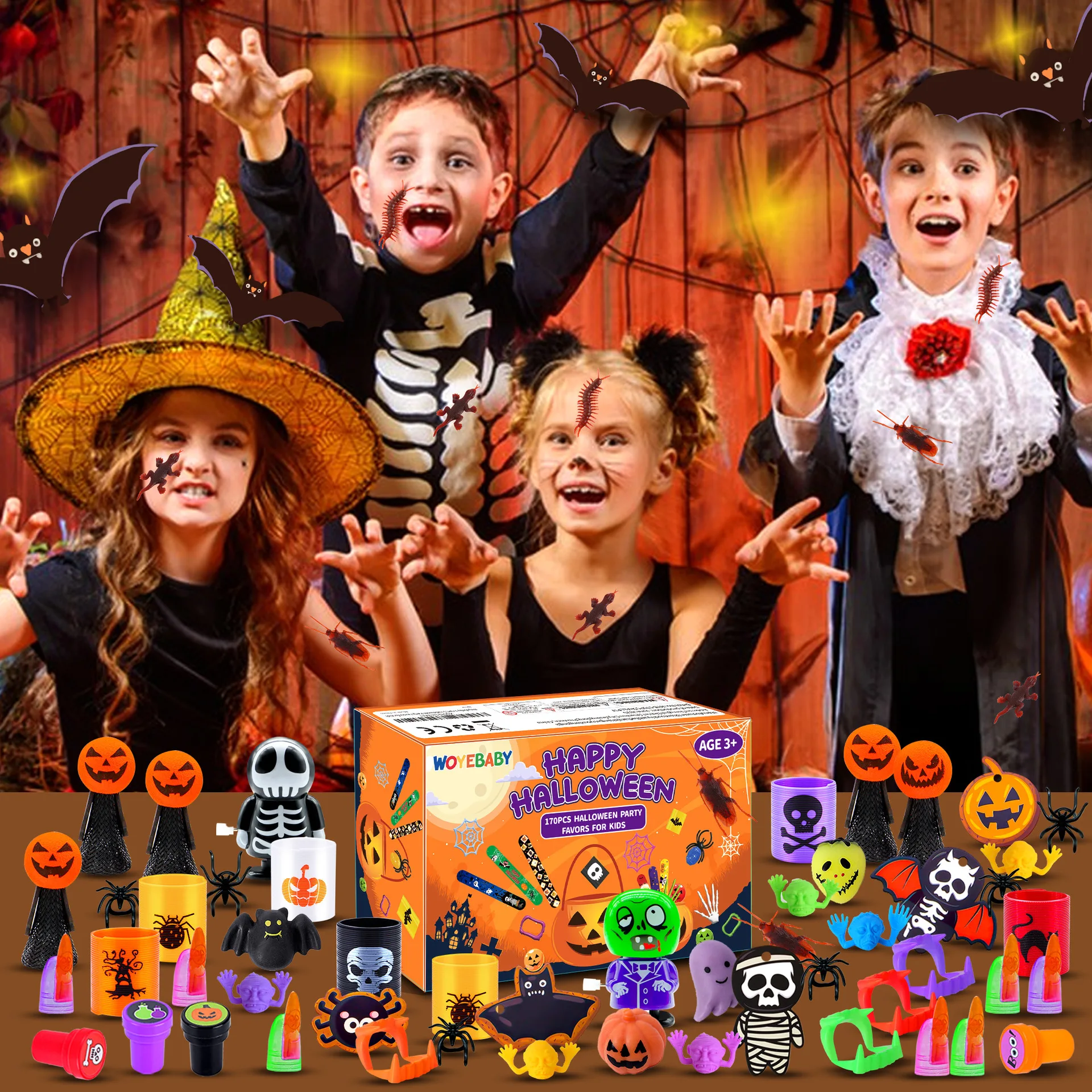 

228pcs Halloween Party Favors Toy Spider Skull Bouncing Elf Scary Spoof Toys Pinata Filler Bulk Toys for Kids Halloween Gift