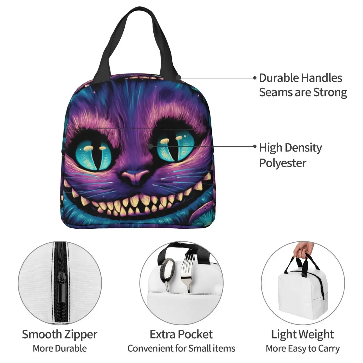 Cheshire Cat-Sac à lunch isotherme, sac isotherme, fourre-tout portable réutilisable, boîte à lunch pour hommes et femmes, collège, extérieur