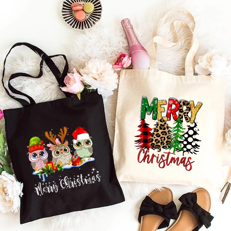 Merry Christmas Women\'s Handbags Shopping Shopper Bag Canvas Teen Student Funny Christmas Party Tote Bag Women Men Shoulder Bag