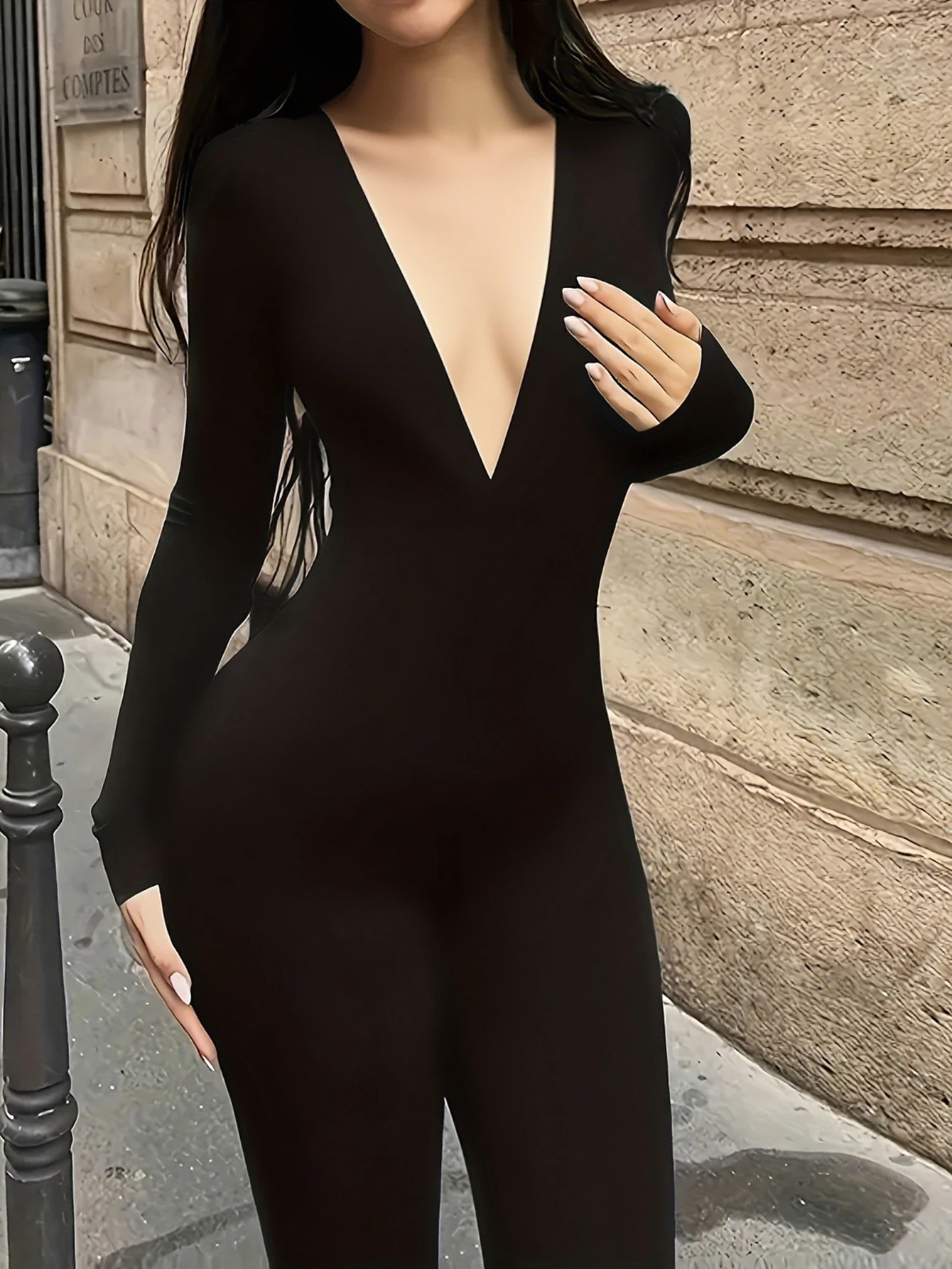 

Women's Elegant Long Sleeve V Neck Jumpsuits Autumn Winter Chic Fashion Plain Full Length Pants Sexy Casual Jumpsuits