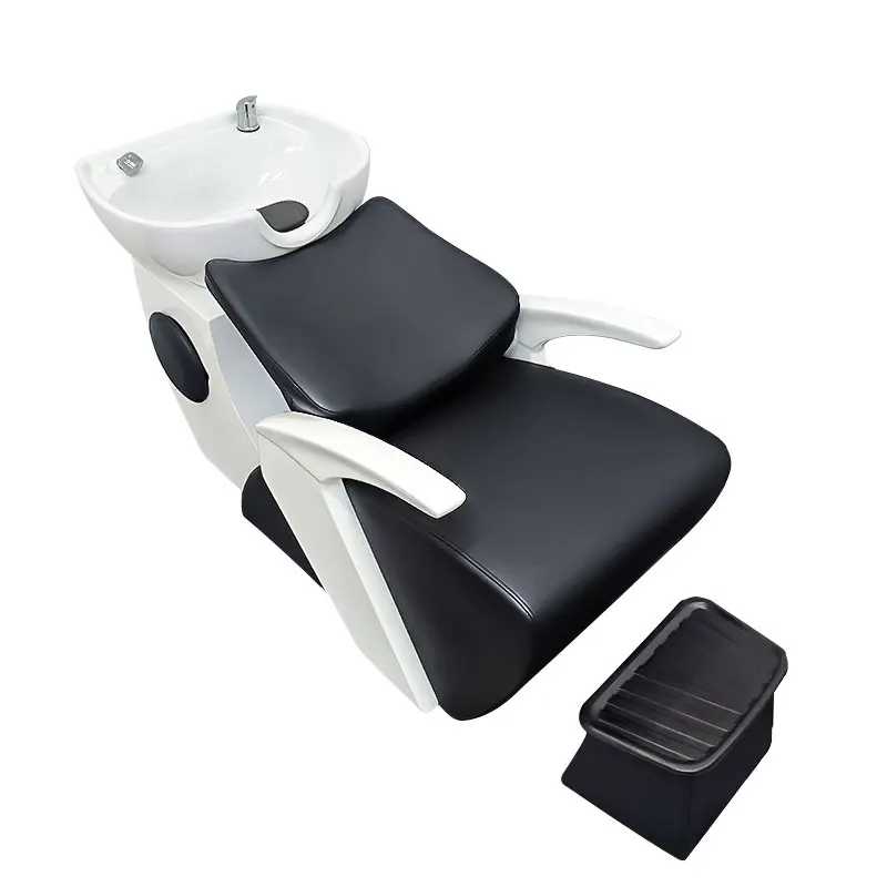 &c Modern Semi-Reclining Ceramic Basin Leather Shampoo Chair Adjustable Footrest High-Density Sponge Fiber Glass Frame-High-End