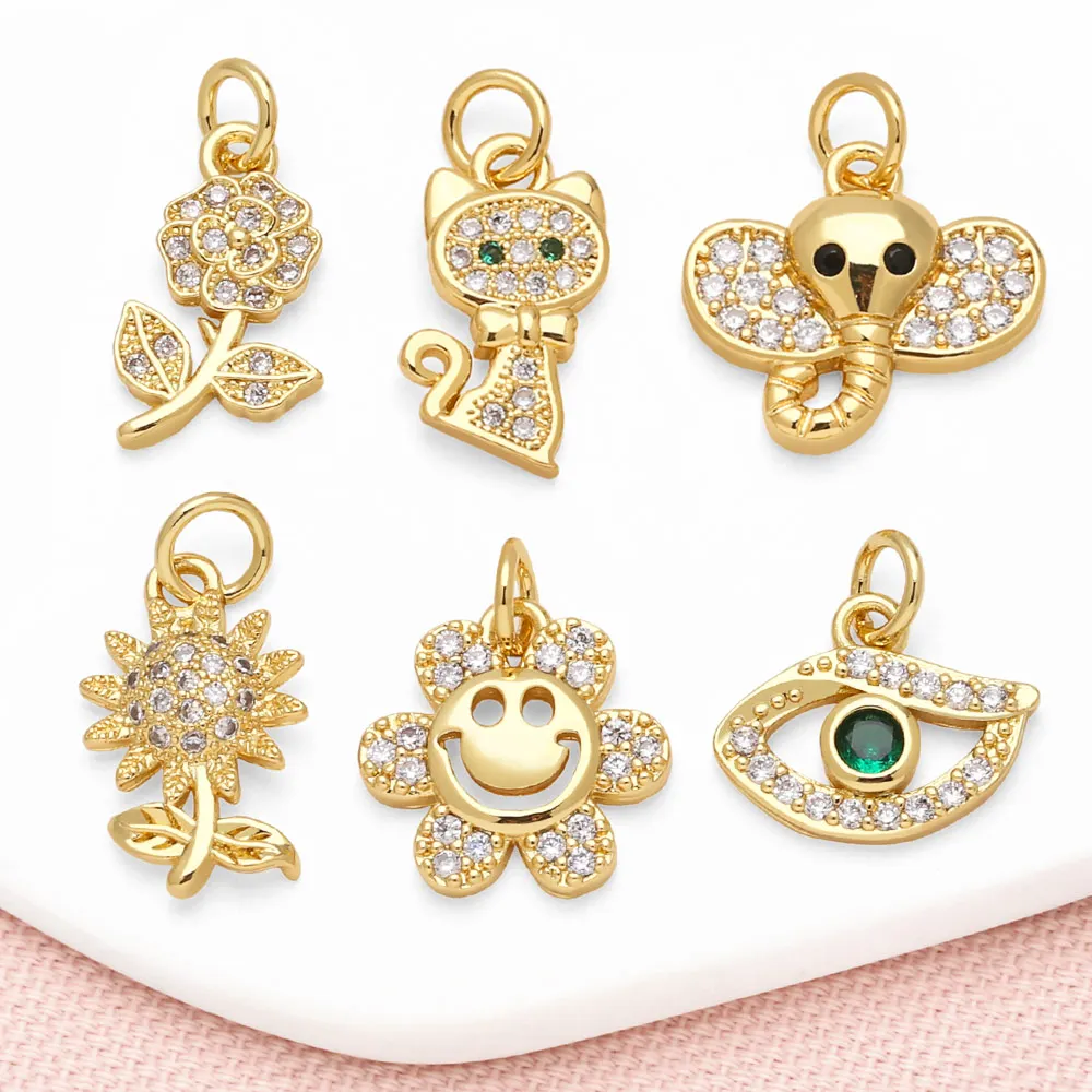 OCESRIO White Crystal Sunflower Charms for Bracelet Copper Gold Plated Cat Elephant Turkish Eye Jewelry Making Supplies chma273