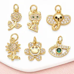 OCESRIO White Crystal Sunflower Charms for Bracelet Copper Gold Plated Cat Elephant Turkish Eye Jewelry Making Supplies chma273