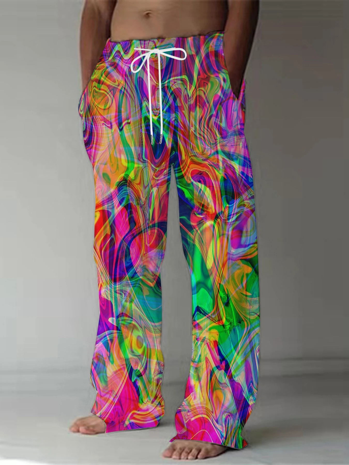 

Men's Printed Straight Leg Pants Abstract Art Design Drawstring Waist Loose Fit Summer Beach Casual Vacation Travel Trousers