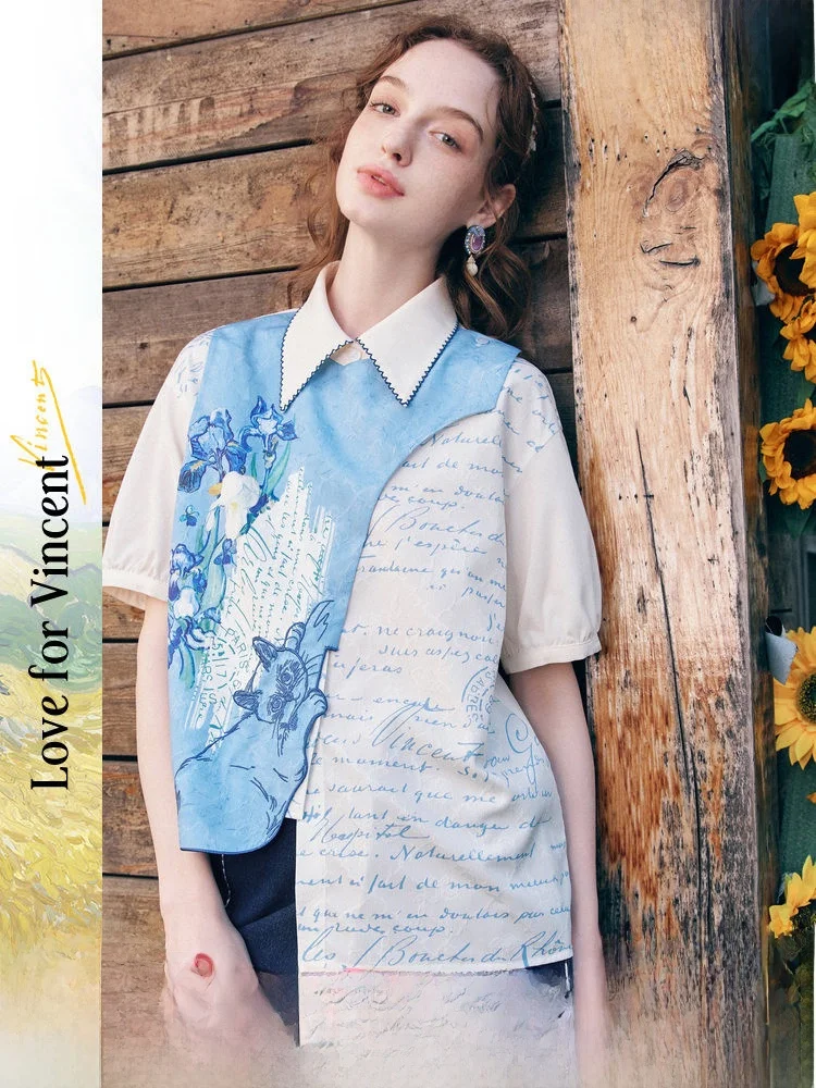 

Asymmetric Hem Printed Embroidered Shirt Artistic Style Loose Fit Short Sleeve Women's Casual Shirt Starry Dream Collection