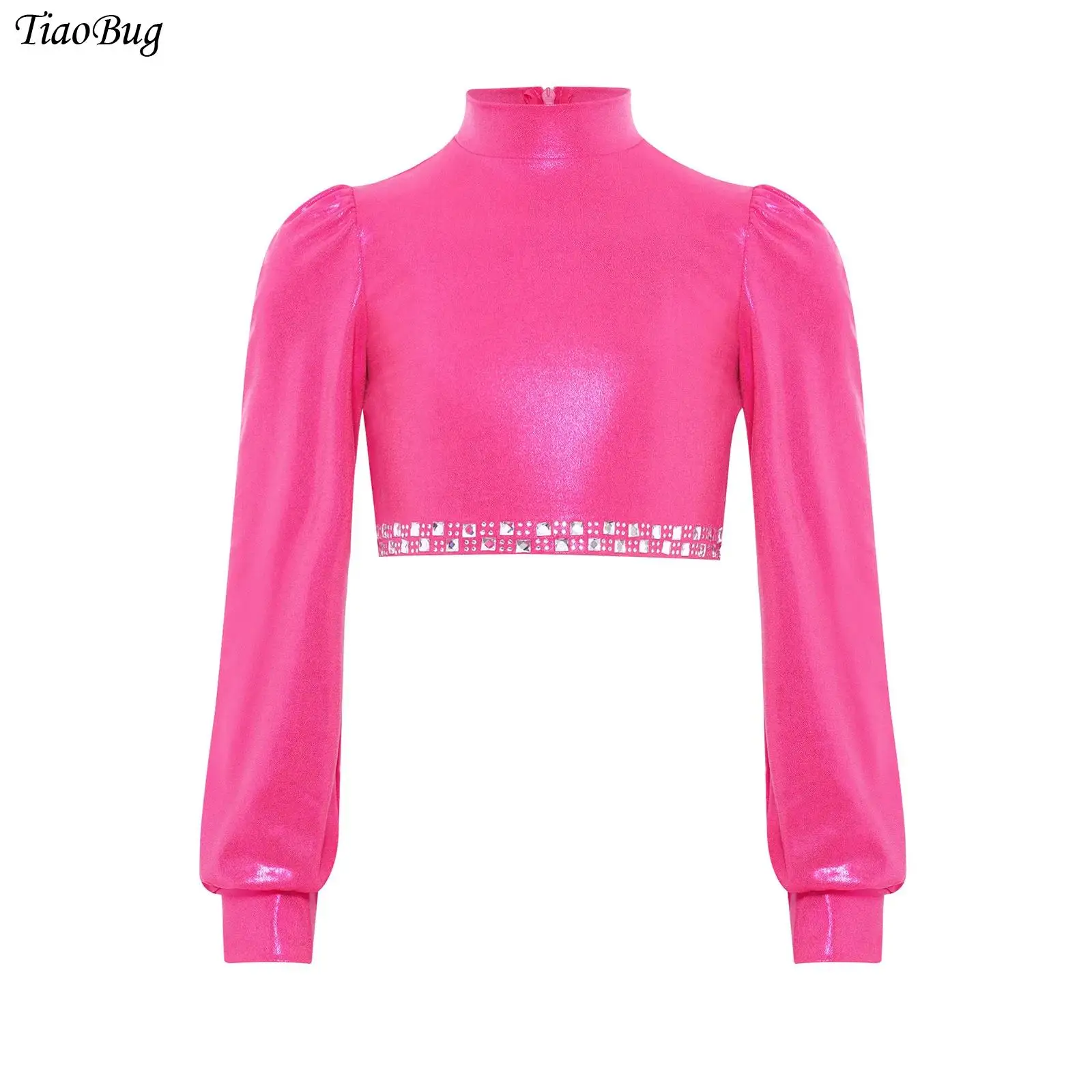 

Kid Girls Hip-hop Jazz Dance Top Mock Neck Long Sleeves Shiny Rhinestones Metallic Crop Tops Cheerleading Performance Dancewear