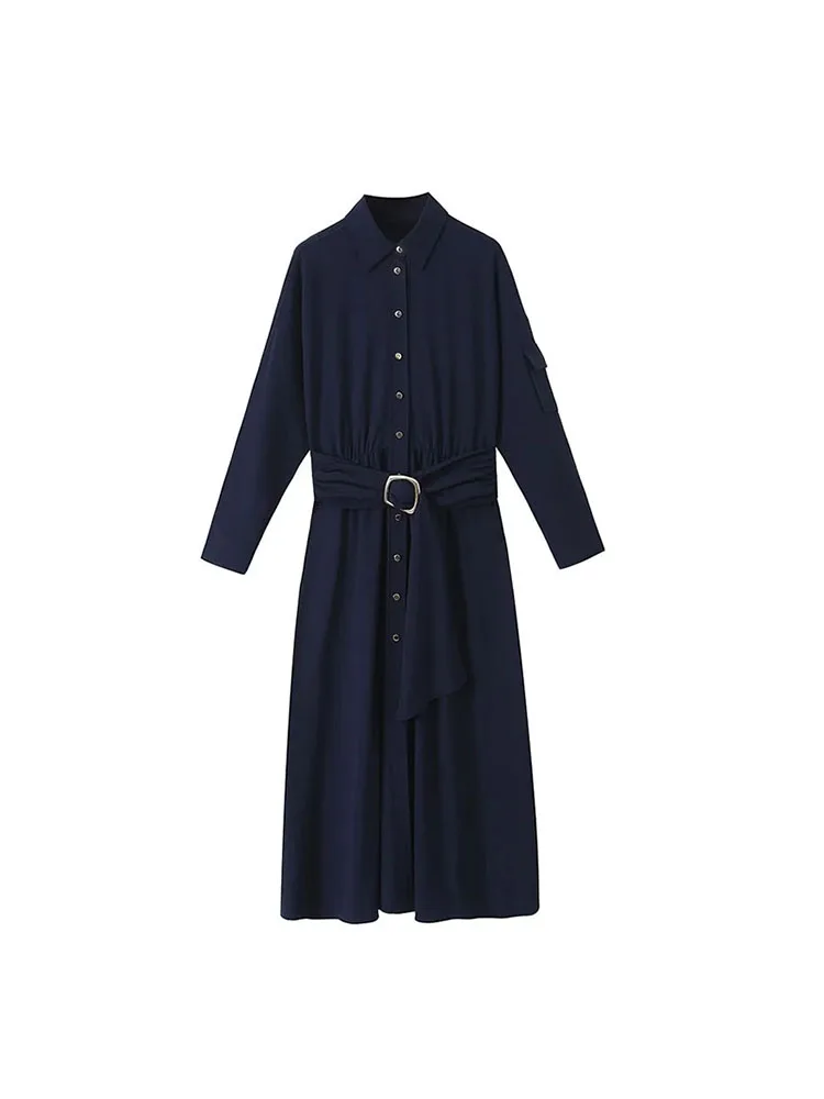 

ZADATA 2023 new autumn and winter women's fashionable casual solid color retro elegant long-sleeved belted dress