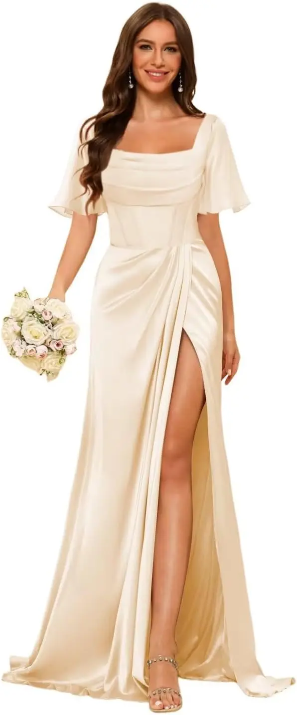 

Women's Short Sleeves Satin Bridesmaid Dresses with Slit Scoop Neck Mermaid Formal Dresses for Party Prom Evening Dresses