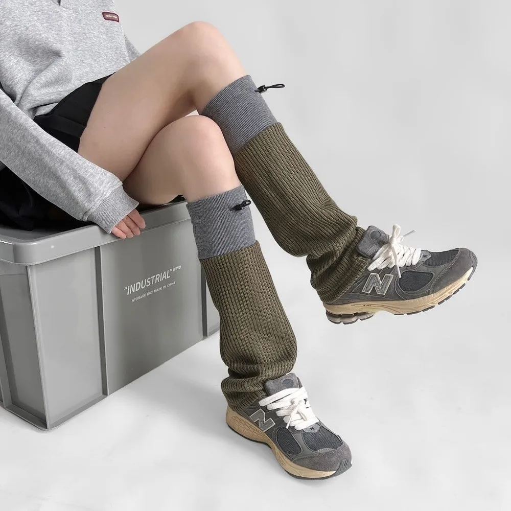 1 pair New Middle Tube Leg Warmers Gray Spliced Adjustable Buckle Foot Cover Drawstring Closure Breathable Calf Socks Women