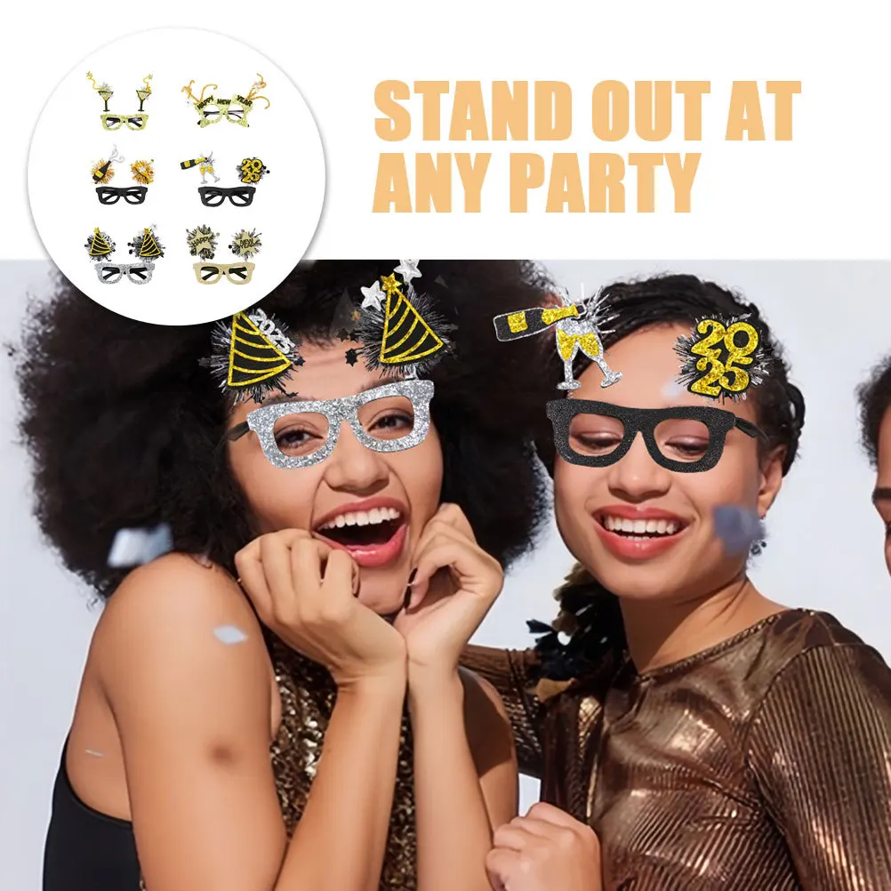 6 個の新年メガネユニークなデザイン軽量プラスチック大晦日パーティー眼鏡 2025 用品パーティー用楽しいメガネ