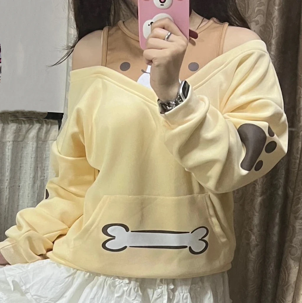 

Kimotimo Japanese Cute Puppy Printed Off Shoulder Sweatshirt Women Loose Casual Long Sleeve Fake Two Pieces Y2k Tops Vintage New