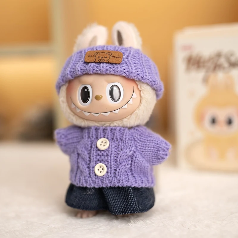 Dla 17cm V1/V2 Labubu ubrania strój Labubu siedząca impreza niedźwiedź etykieta szalik kapelusz sweter z guzikami spodenki dżinsowe akcesoria dla lalek