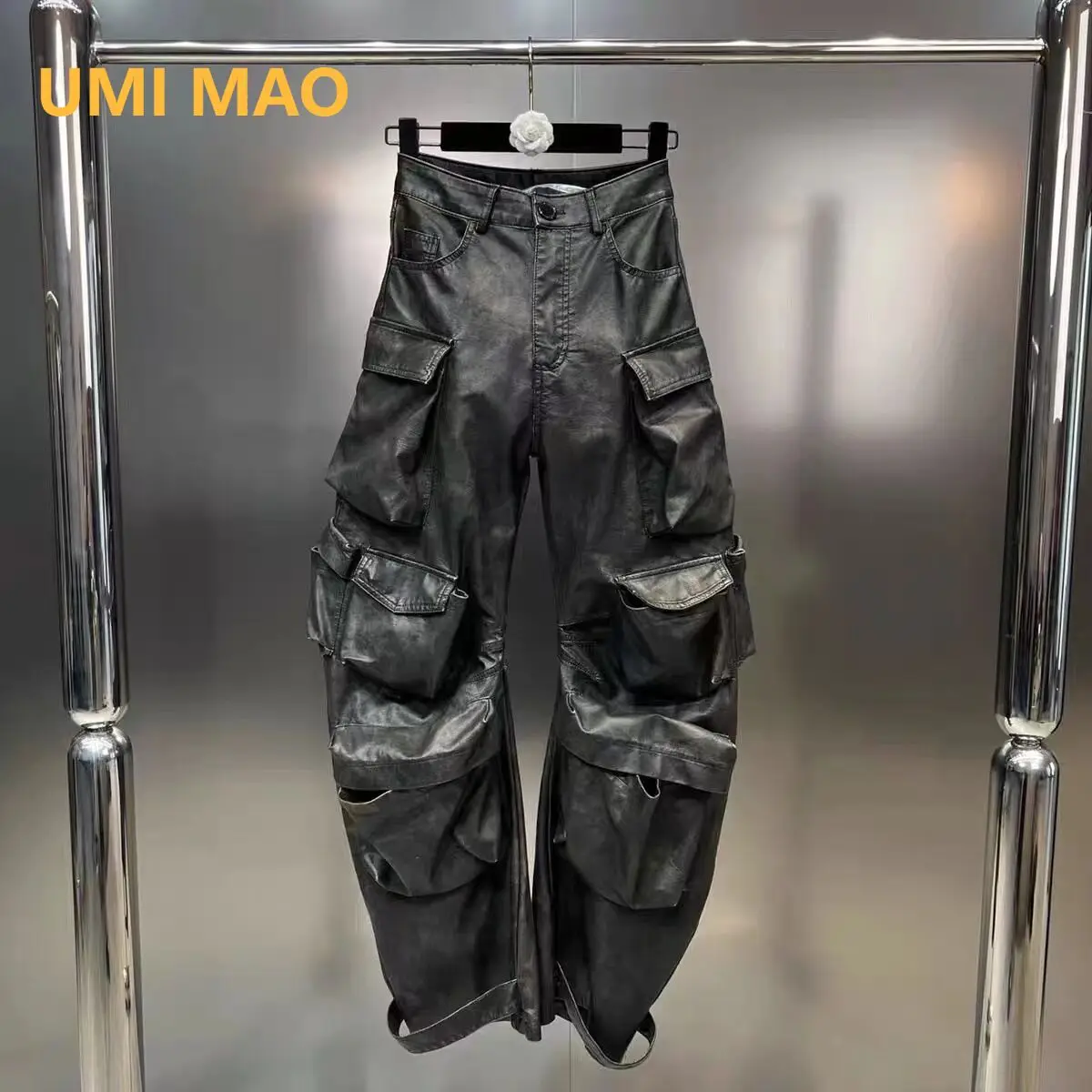 

UMI MAO Pants With Autumn Side Pockets Design Retro Distressed PU Leather Trousers Dark Spicy Girl Style Workwear Leather Pant