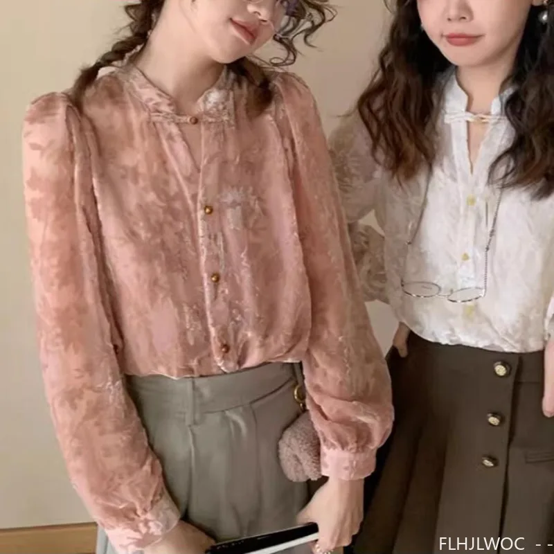 Semi-Transparent Chi-pao Collar Pink Tops 2024 Autumn Long Sleeve Women Date Girls Cute Retro Basic Button Shirt Blouse Vintage