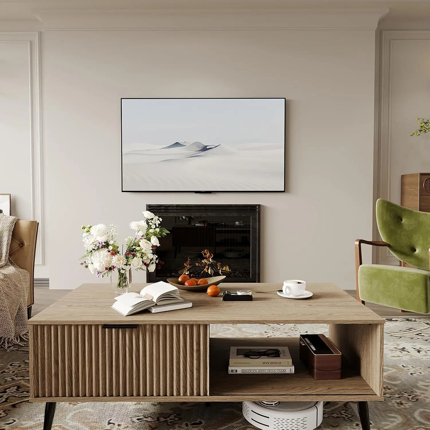 طاولة قهوة خشبية مكونة من طبقتين مقاس 41.34 بوصة - طاولة مركزية مستطيلة مع باب منزلق وتخزين لغرفة المعيشة