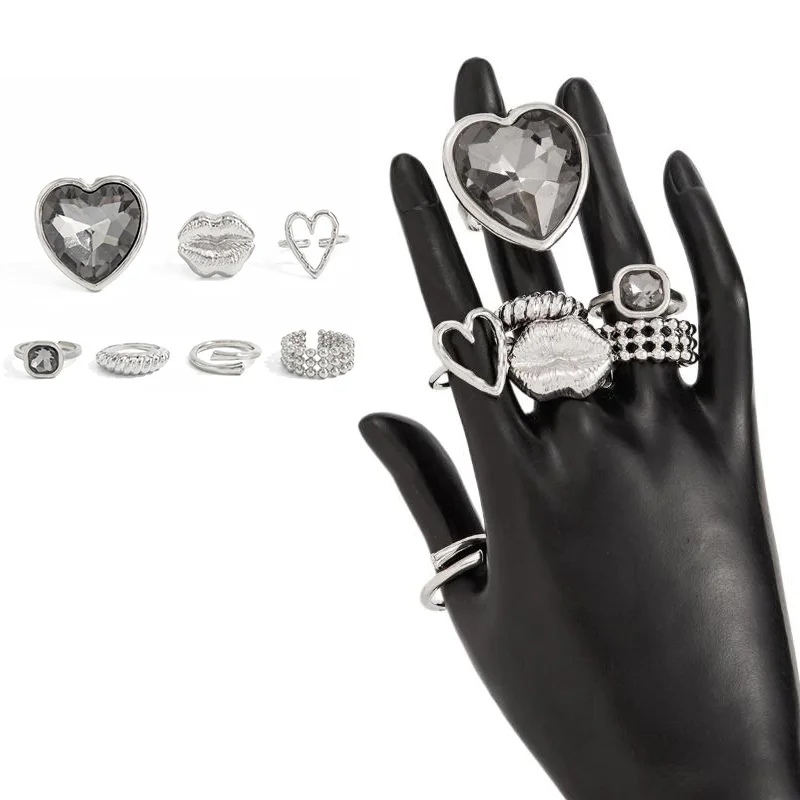 7 قطعة/المجموعة الفاخرة مزاجه هندسية المعادن مربع القلب الاكريليك الماس افتتاح خواتم للنساء الأزياء والمجوهرات والاكسسوارات #1